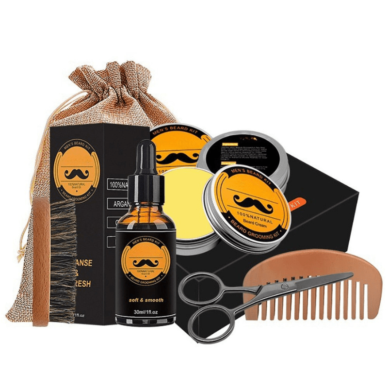 Man smoothing beard balm through his thick beard. Perfect for styling & nourishing fuller facial hair.