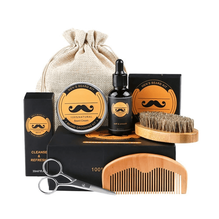 Premium men's beard growth grooming kit in elegant packaging. Ideal for achieving a fuller beard.