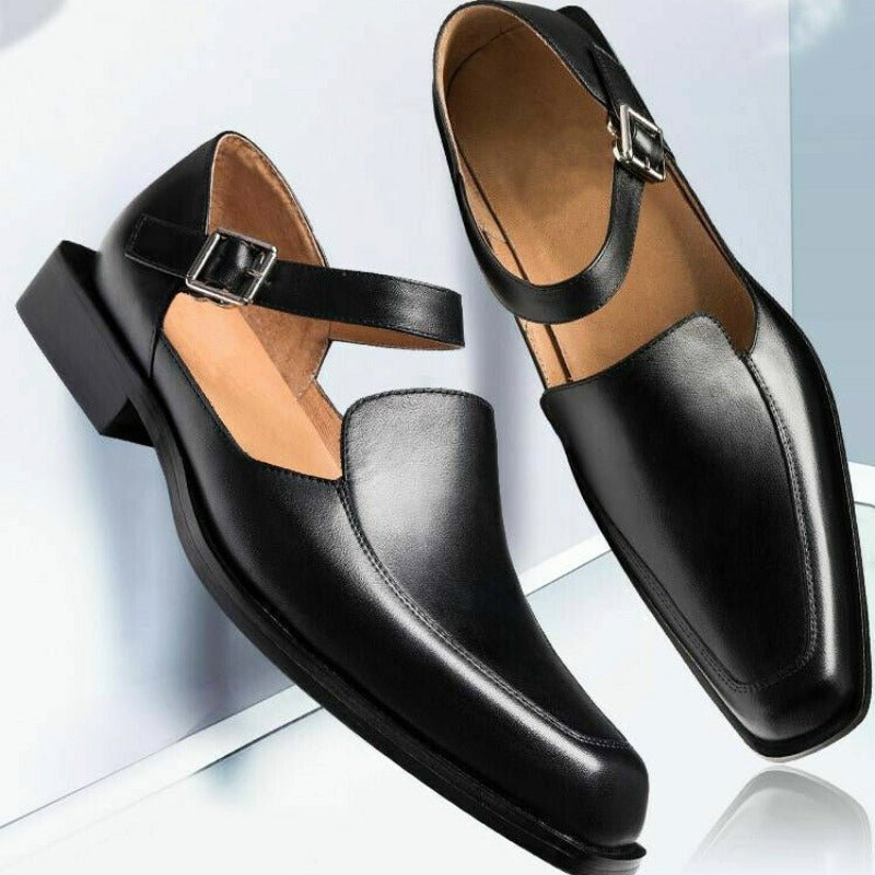 Men's black closed-toe sandals with ankle strap for all-day comfort. Casual & semi-formal flats.
