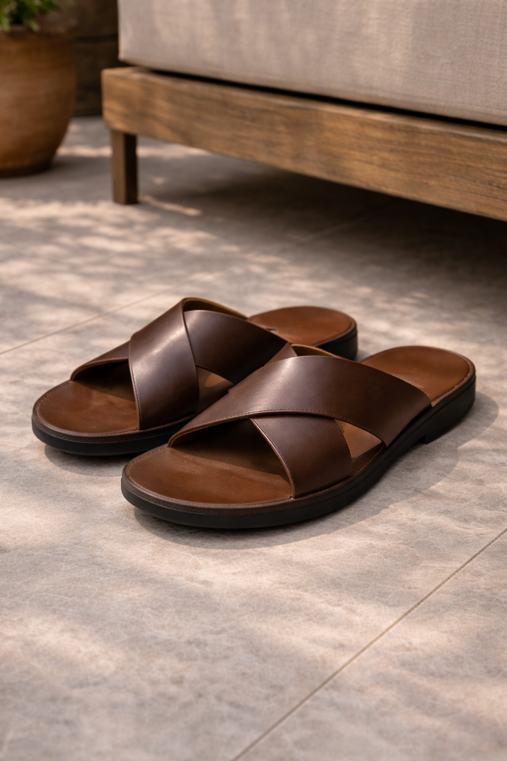Men's black cross strap slide sandals with open toe, perfect for comfortable casual wear & summer.