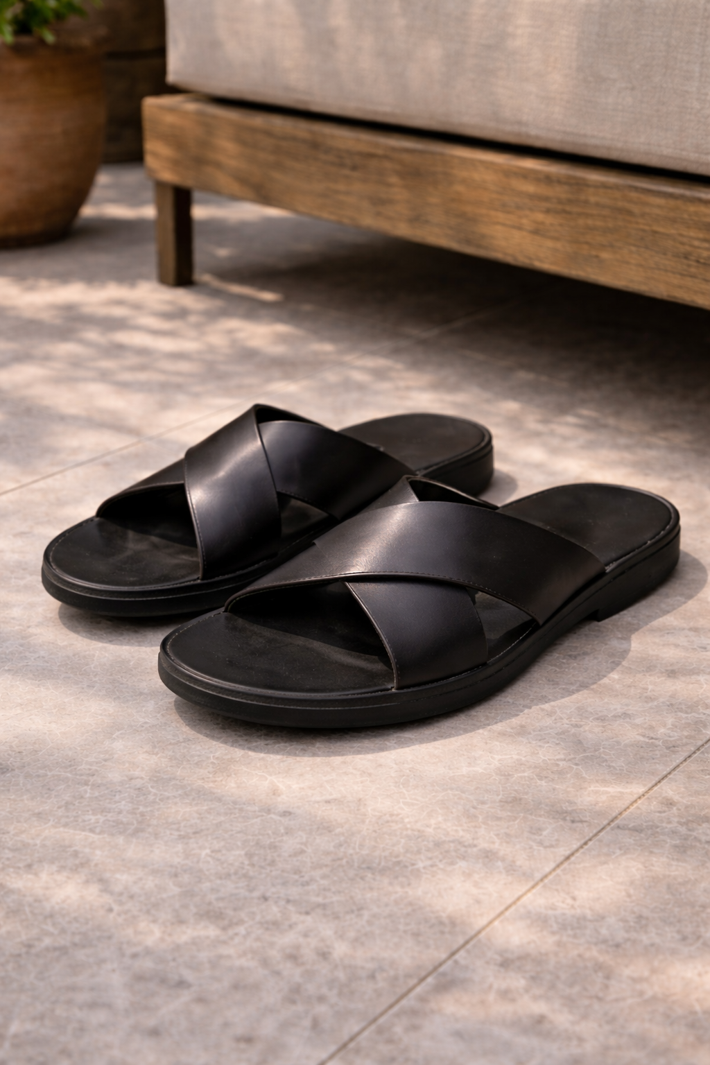 Comfortable men's slip-on slide sandals for beach, vacation & warm weather casual footwear. Open toe, cross strap.