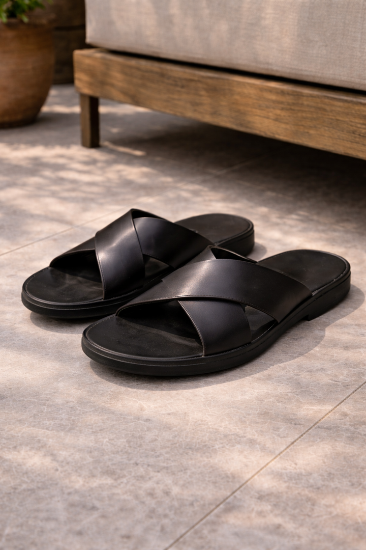 Comfortable men's slip-on slide sandals for beach, vacation & warm weather casual footwear. Open toe, cross strap.