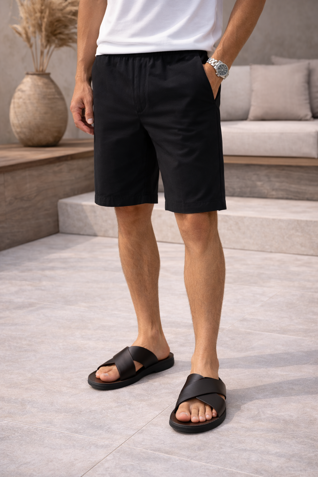 Comfortable men's slide sandals, black cross strap & open toe. Great for casual, everyday, beach, or vacation.