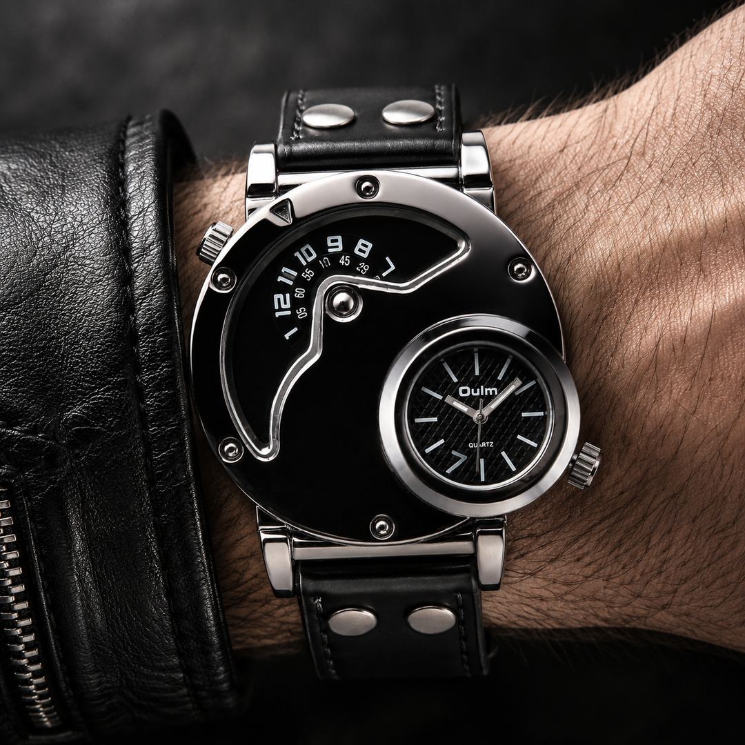 Men's black dual time sport watch with large analog dial, perfect for travel & active lifestyles.