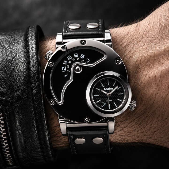 Men's black dual time sport watch with large analog dial, perfect for travel & active lifestyles.