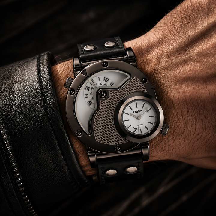 Comfortable men's analog sport watch with dual time function and stylish black large dial.