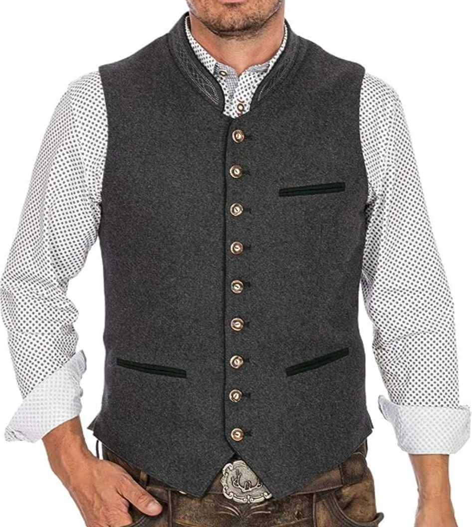 Classic men's tailored black vest with intricate heritage embroidery. Perfect formal waistcoat for events.