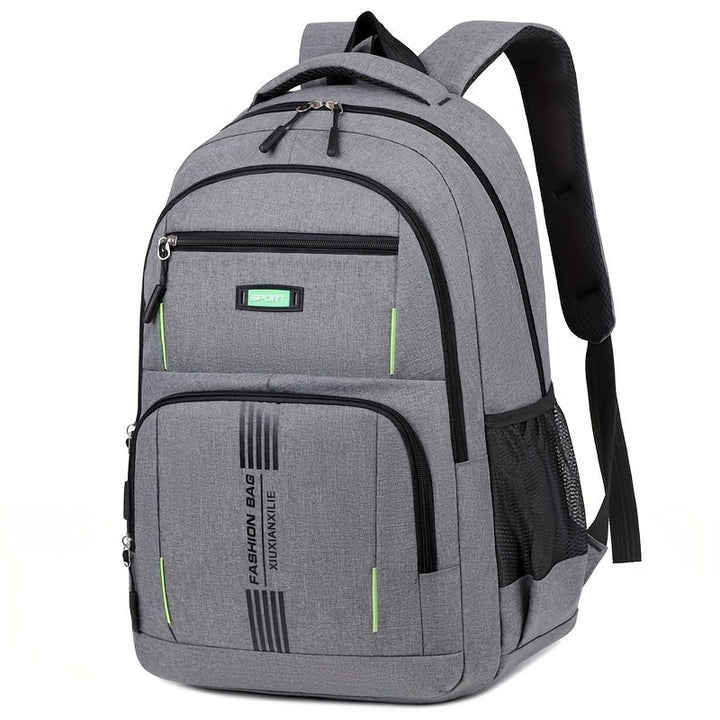 Front view of a stylish black men's large capacity travel backpack for everyday use.
