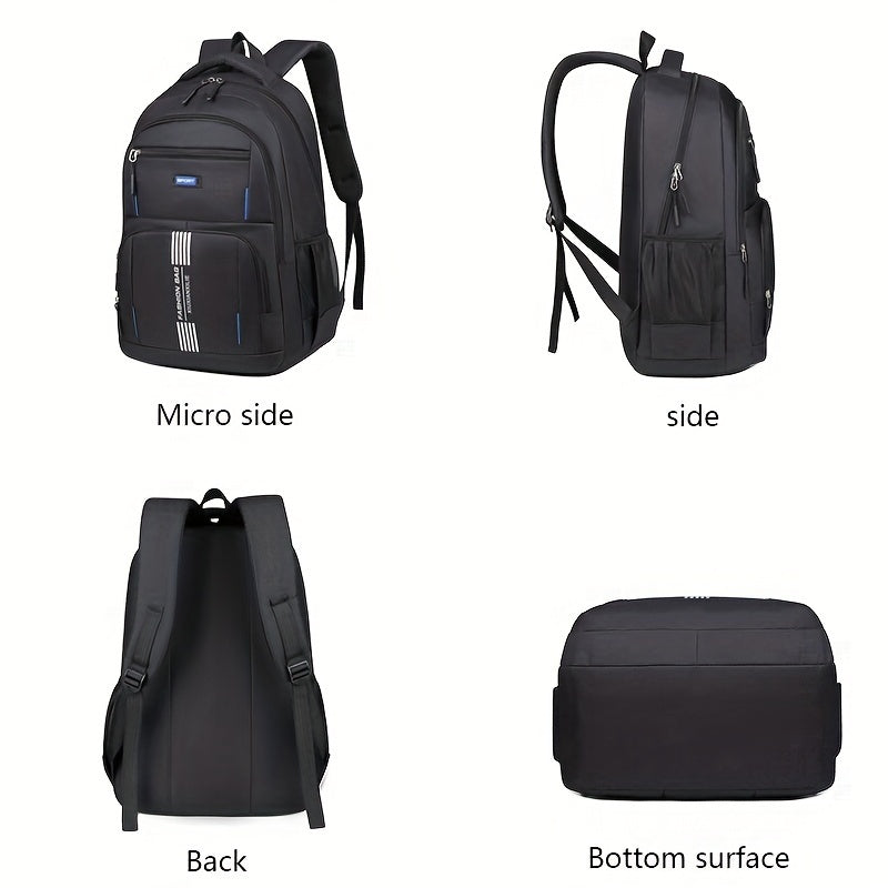 Side view of a durable gray men's travel backpack, highlighting large capacity for essentials.