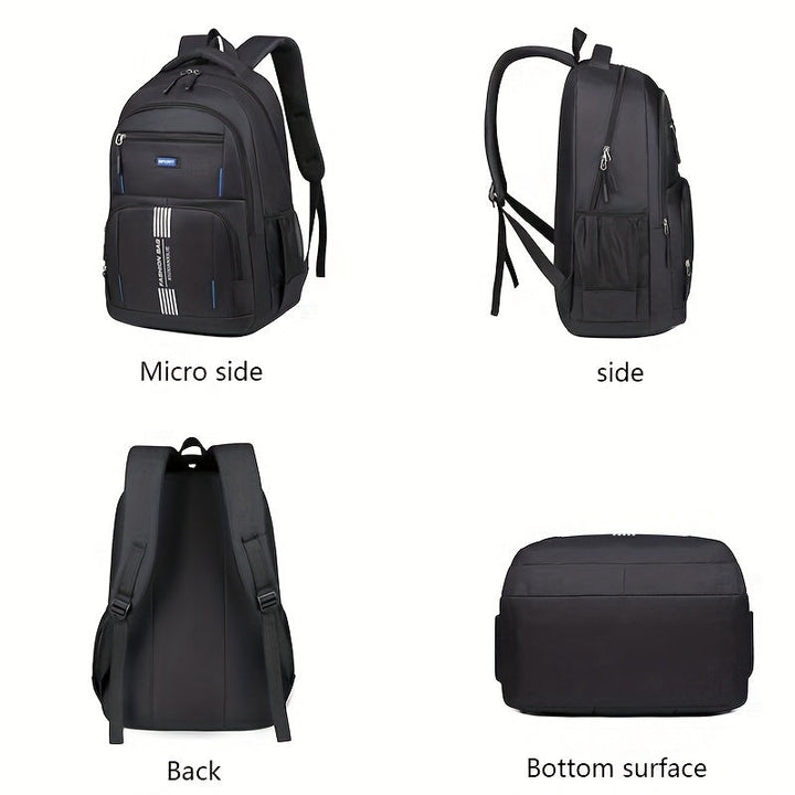 Side view of a durable gray men's travel backpack, highlighting large capacity for essentials.