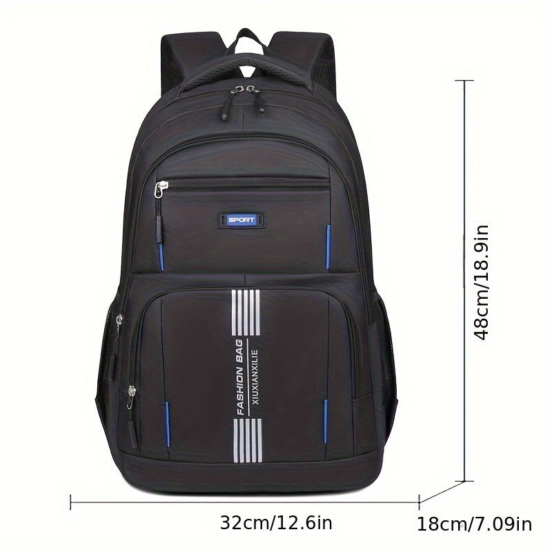 Man wearing a blue large capacity travel backpack, ideal for commuting & daily adventures.