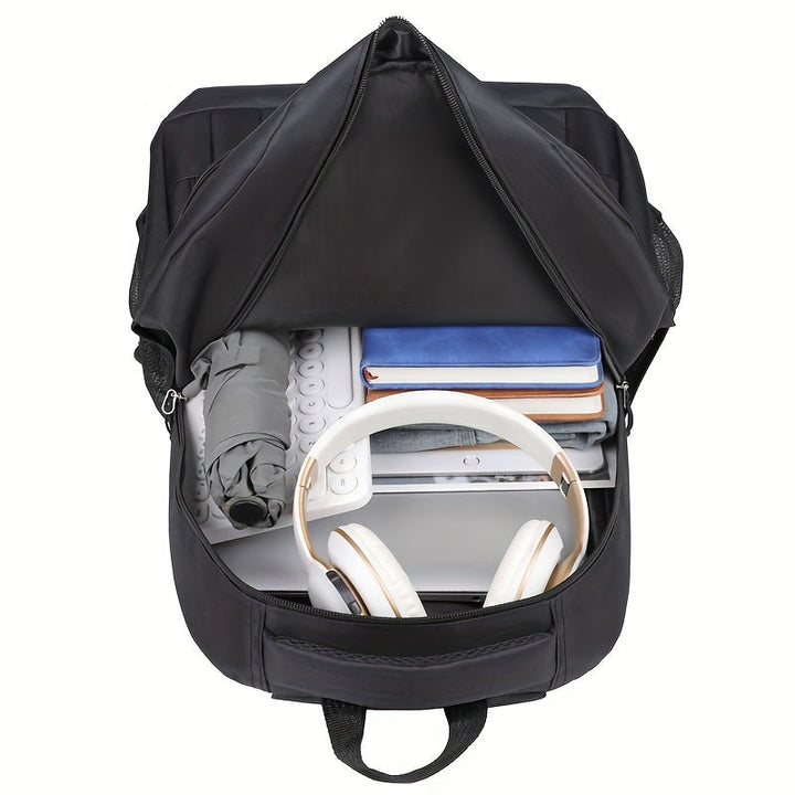 Black men's travel backpack with multiple compartments for organized everyday carry & laptop.