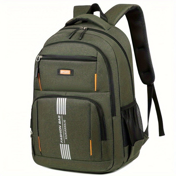 Modern black men's travel backpack, large capacity, stylish & durable for any adventure.