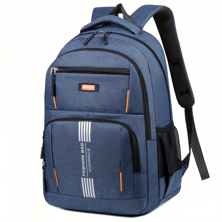 Rugged blue men's travel backpack, large capacity, durable for all your daily adventures.