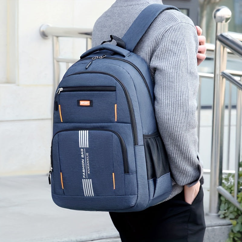 Black men's college & work backpack, large capacity with organized compartments for essentials.