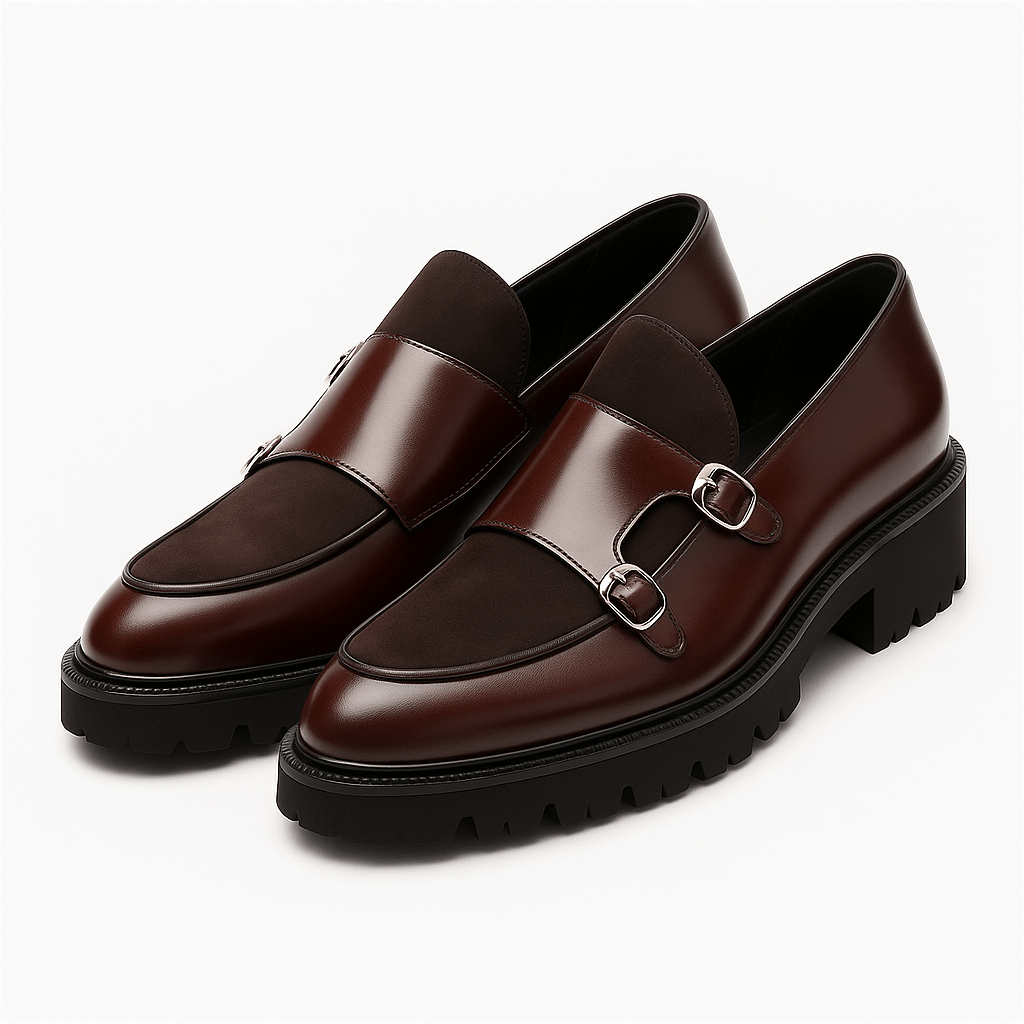 Men's black leather monk strap loafers with double buckles. Stylish dress shoes for formal or business casual wear.