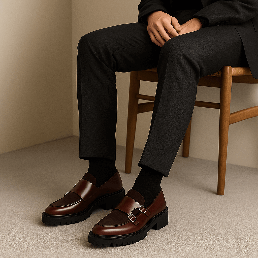 Versatile men's slip-on monk strap loafers featuring elegant buckles. Ideal for smart casual or formal business looks.