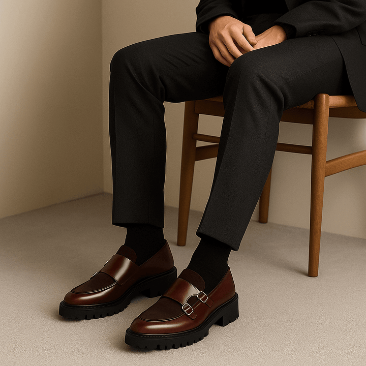 Versatile men's slip-on monk strap loafers featuring elegant buckles. Ideal for smart casual or formal business looks.