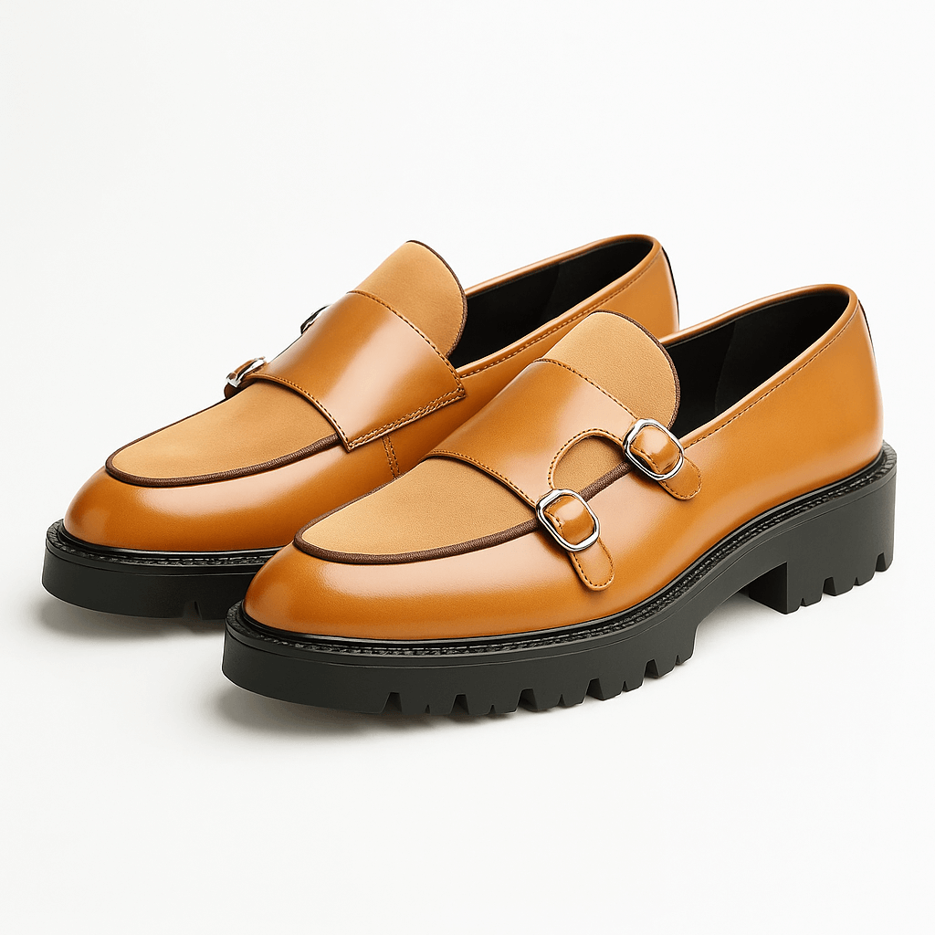 Classic men's brown leather monk strap dress shoes. Elegant buckled loafers for a refined, sophisticated appearance.