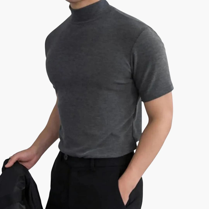 Men's black mock neck slim fit t-shirt with short sleeves, ideal for modern casual wear.