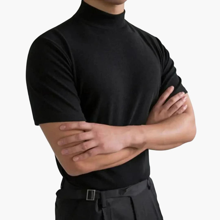 Modern men's mock neck t-shirt, a sleek slim fit short sleeve top, great for casual layering.