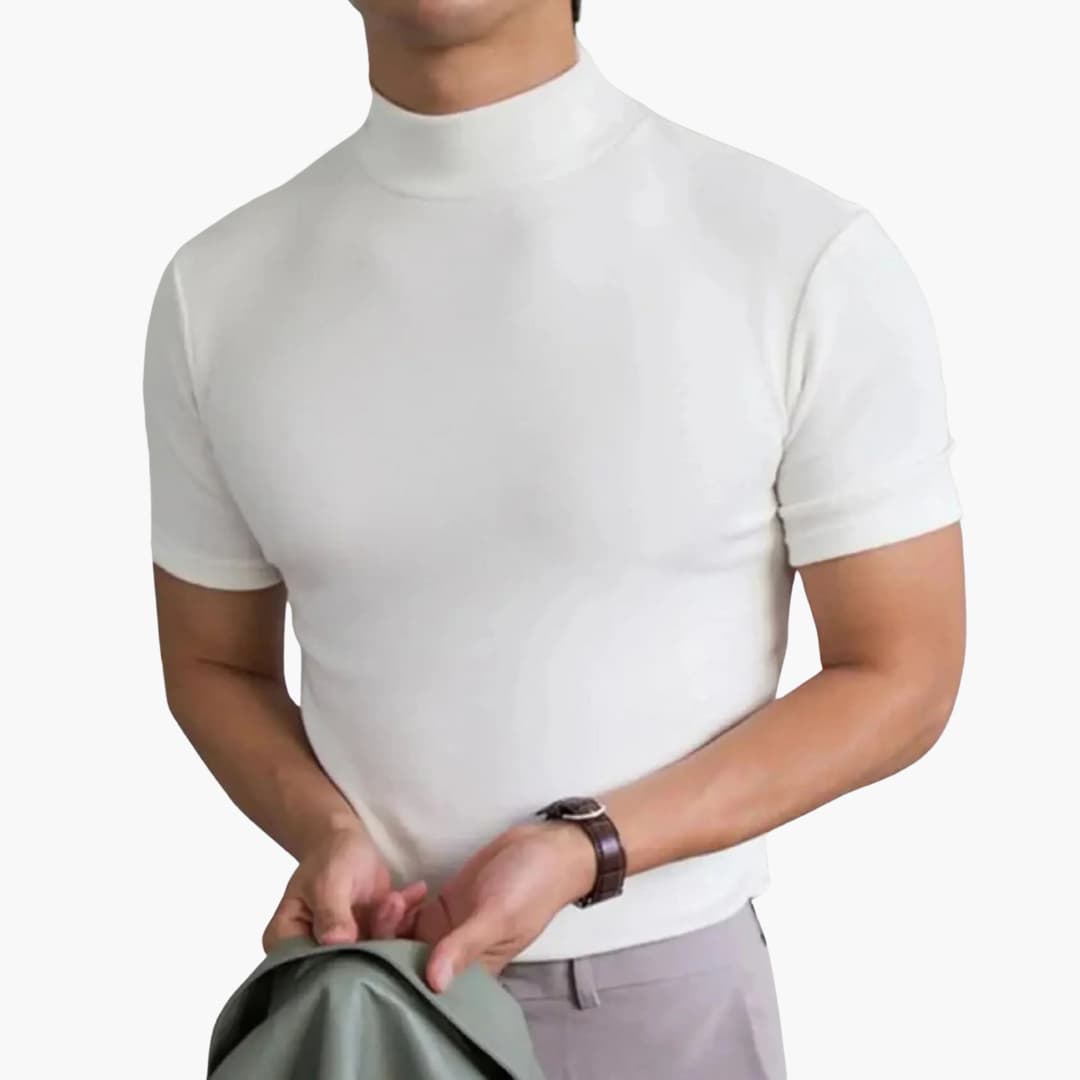 Comfortable men's casual mock neck t-shirt, a slim fit short sleeve design for contemporary everyday style.