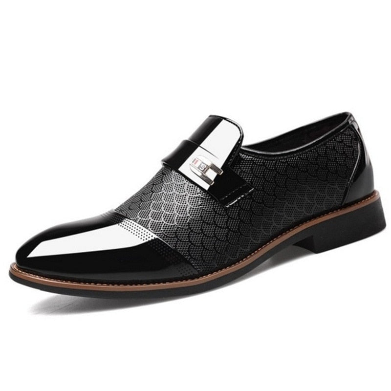 Elegant black patent dress shoes for men with a polished buckle. Essential formal footwear for business, weddings & parties.