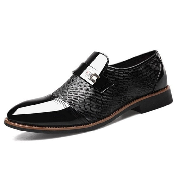 Elegant black patent dress shoes for men with a polished buckle. Essential formal footwear for business, weddings & parties.