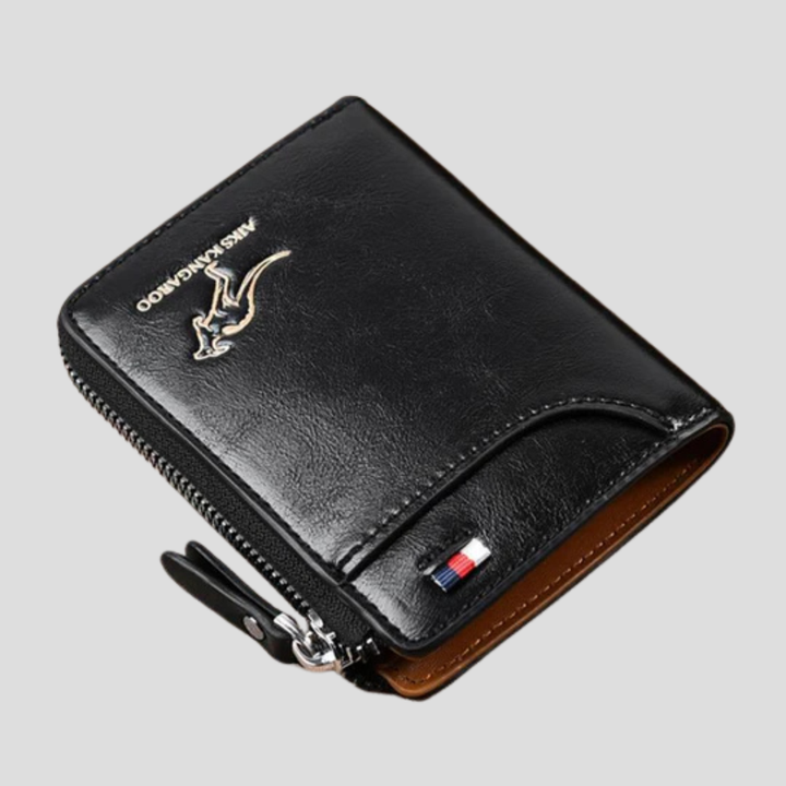 Men's black RFID blocking zip around bifold wallet, secure for cards & cash. Ideal everyday carry accessory.
