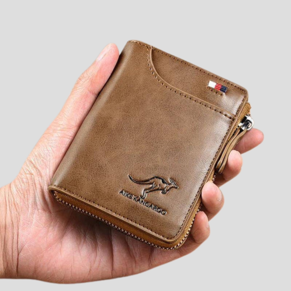 Durable men's RFID blocking zip bifold wallet for secure card & cash storage. Great gift for him.