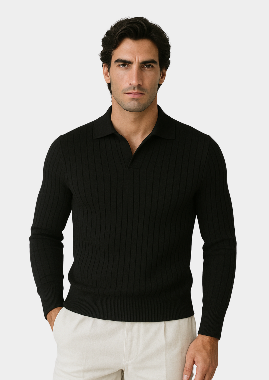 Men's black ribbed polo sweater, long sleeve, open collar. Perfect for smart casual, modern style.