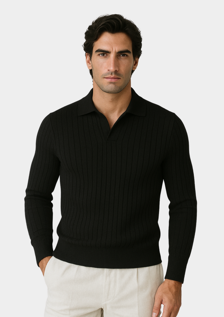 Men's black ribbed polo sweater, long sleeve, open collar. Perfect for smart casual, modern style.