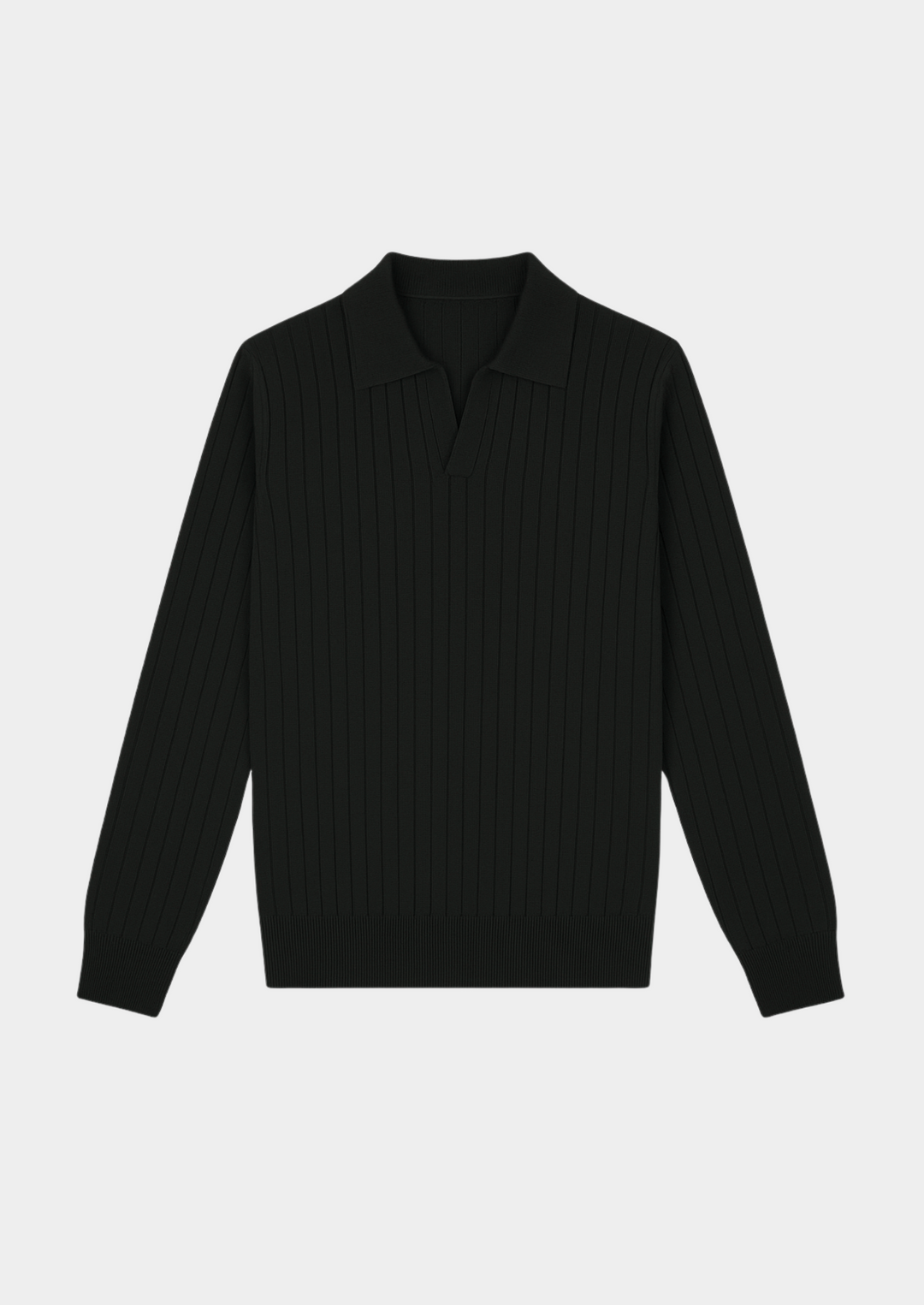 Versatile men's black ribbed polo sweater. Effortless smart casual style for all seasons, comfortable.