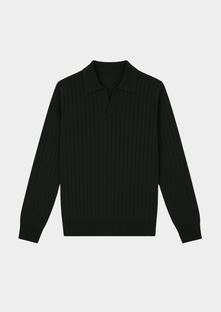 Versatile men's black ribbed polo sweater. Effortless smart casual style for all seasons, comfortable.