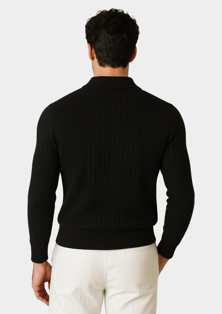 Modern men's black ribbed long sleeve polo sweater. Comfortable open collar design, ideal for casual wear.