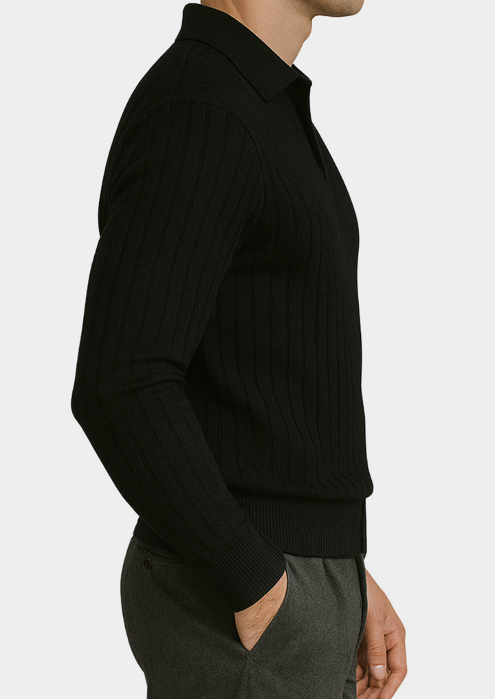 Stylish men's black ribbed knit polo sweater. Long sleeve, smart casual, modern fit. All-season comfort.
