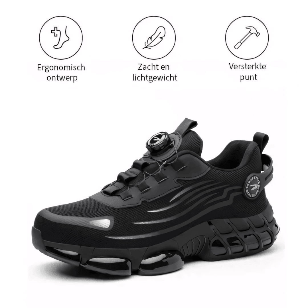 Pair of men's grey safety work shoes, designed for all-day comfort. Protective, durable, and slip-resistant footwear.