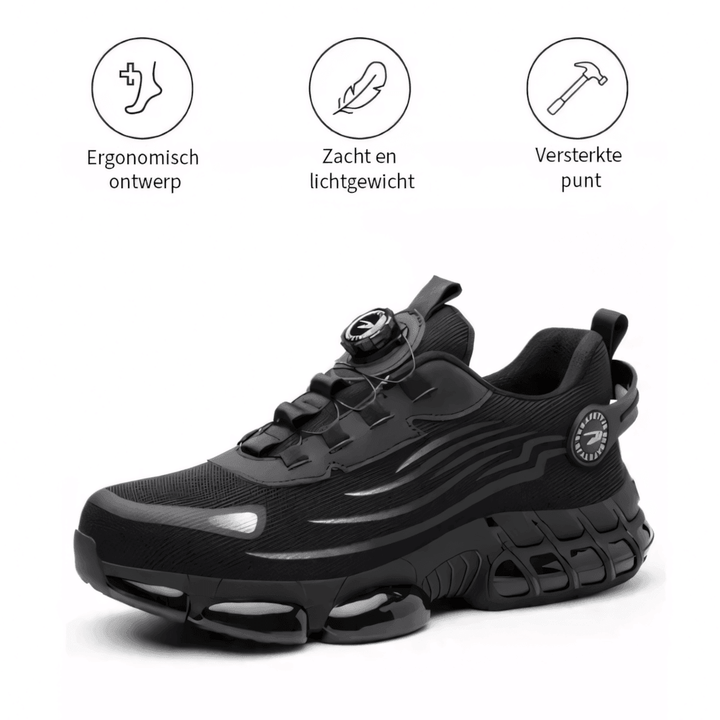 Pair of men's grey safety work shoes, designed for all-day comfort. Protective, durable, and slip-resistant footwear.