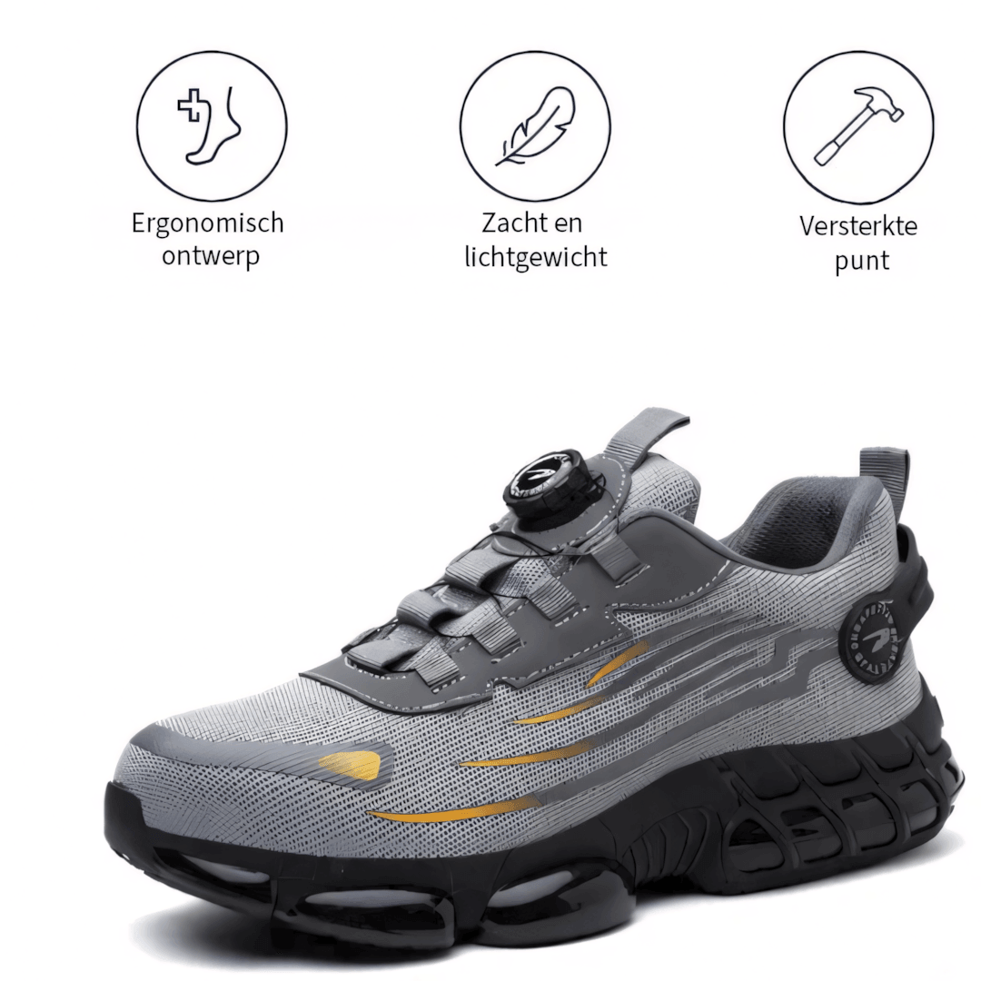 Close-up of durable material on men's black safety work shoes. Protective and comfortable industrial footwear.