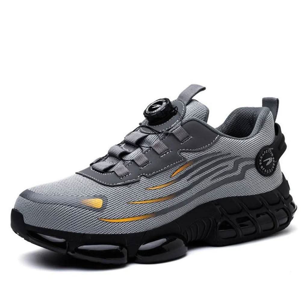 Rear view of men's black safety work shoes. Durable industrial footwear with comfort design, slip-resistant for protection.