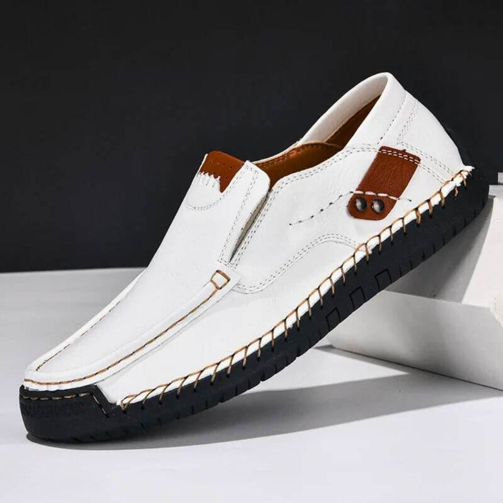 Easy-wear men's slip-on walking shoes with orthopedic arch support and comfortable design.