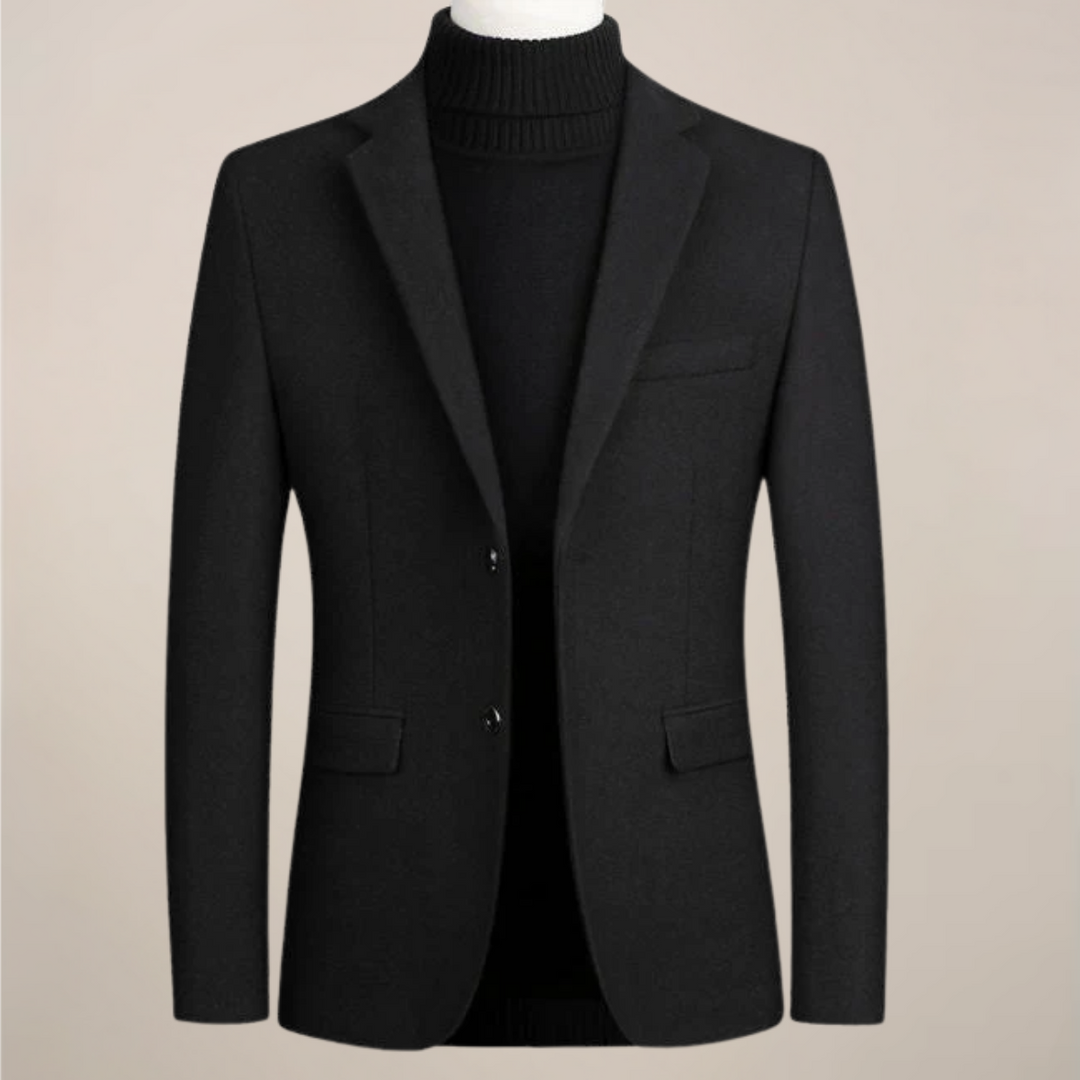 Elegant men's dark blue smart casual blazer. Stylish tailored jacket for formal wear or business casual men's fashion.