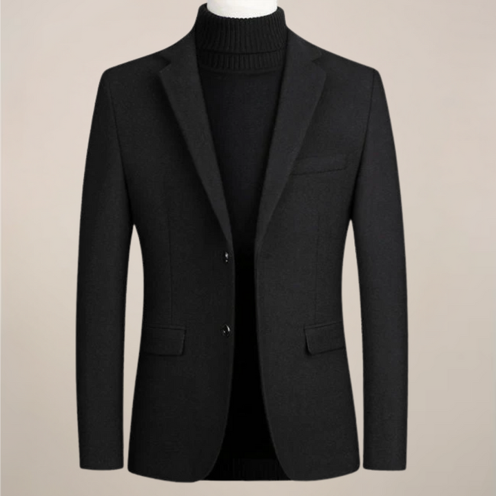 Elegant men's dark blue smart casual blazer. Stylish tailored jacket for formal wear or business casual men's fashion.