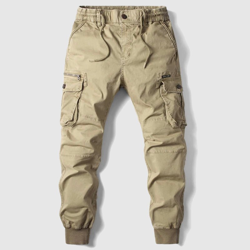 Men's black tactical cargo joggers, multiple utility pockets, designed for all-day comfort and versatility.