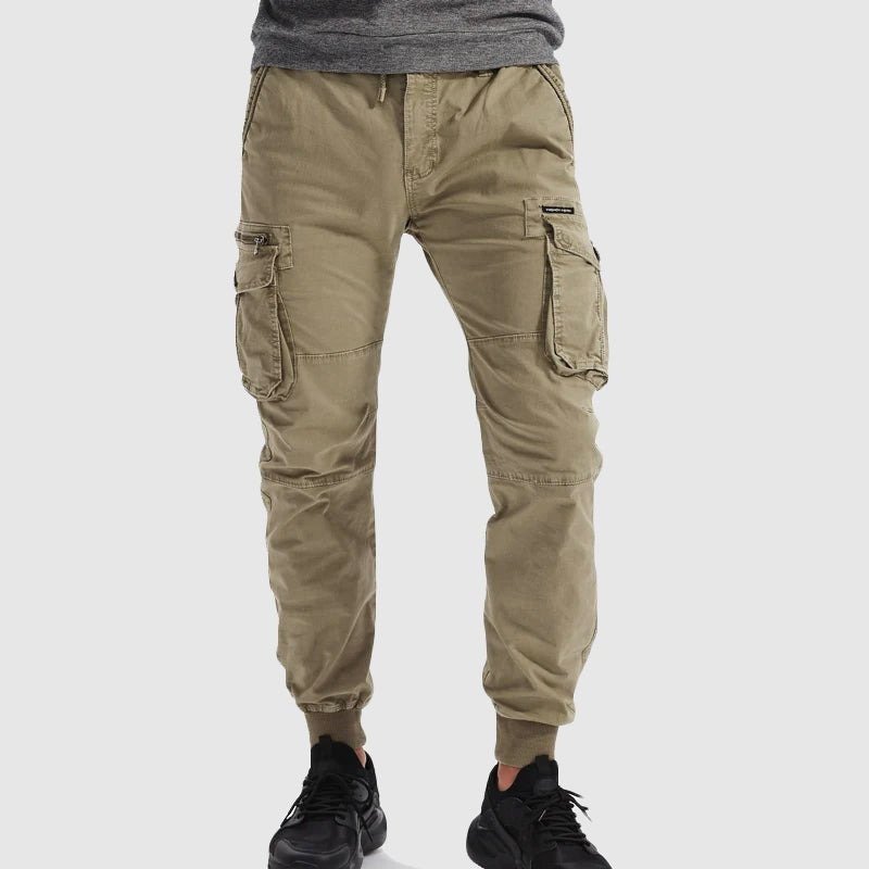 Stylish men's olive green cargo joggers, relaxed fit, perfect for streetwear, outdoor wear & everyday style.