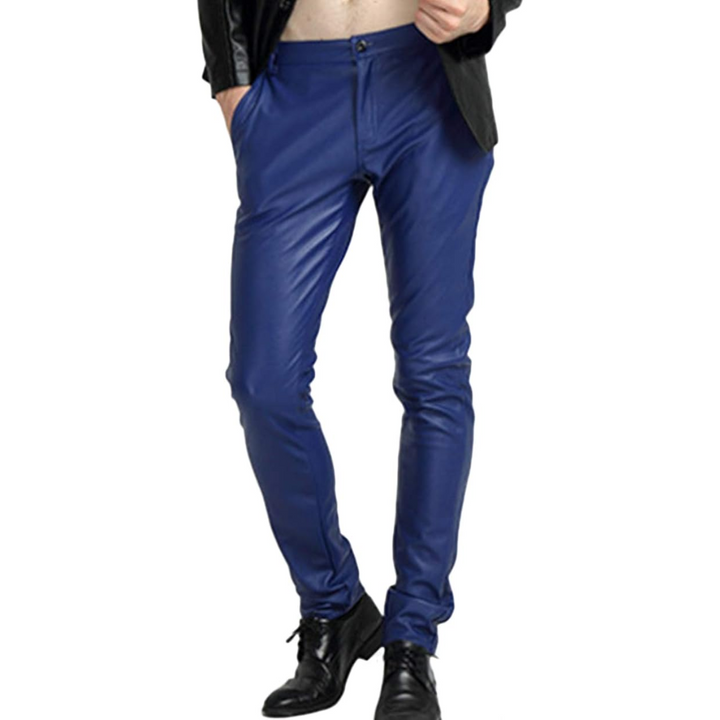Man wearing men's tapered biker trousers, showcasing the skinny leg and street fashion appeal.