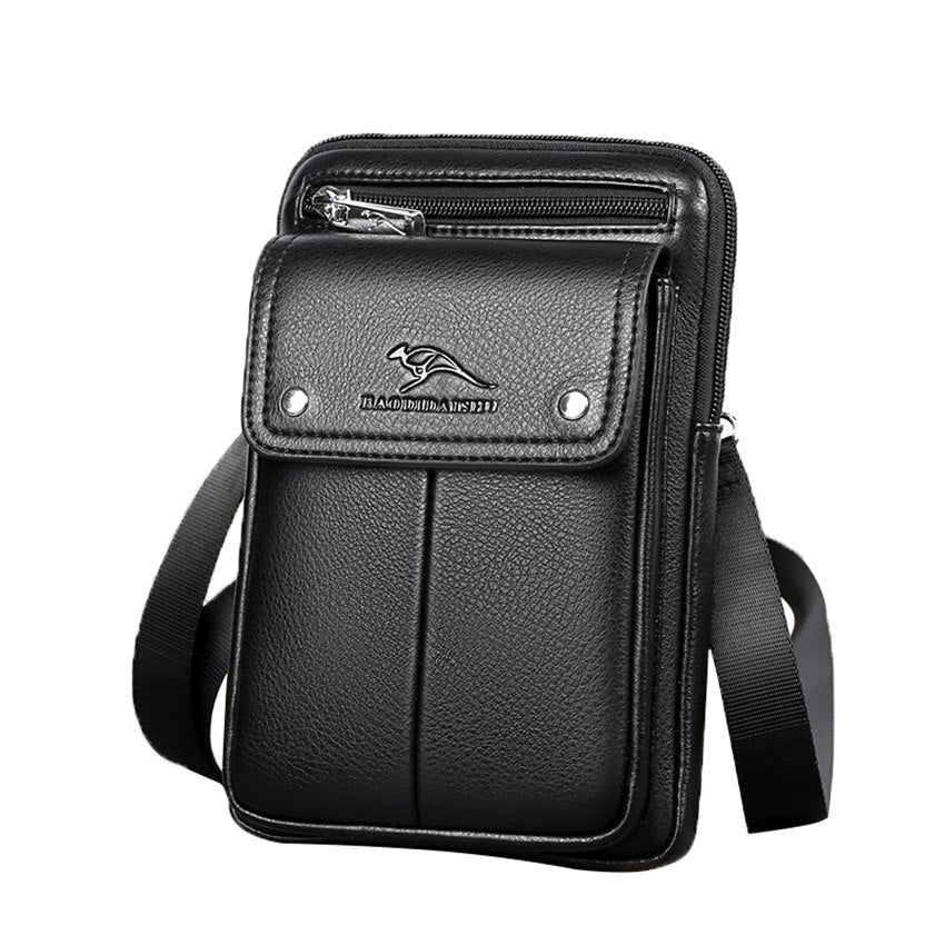 Men's black vertical crossbody bag with front pocket, ideal for organized daily carry and travel.