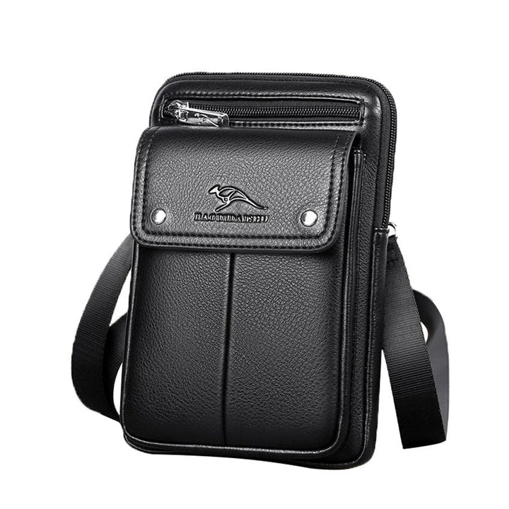 Men's black vertical crossbody bag with front pocket, ideal for organized daily carry and travel.