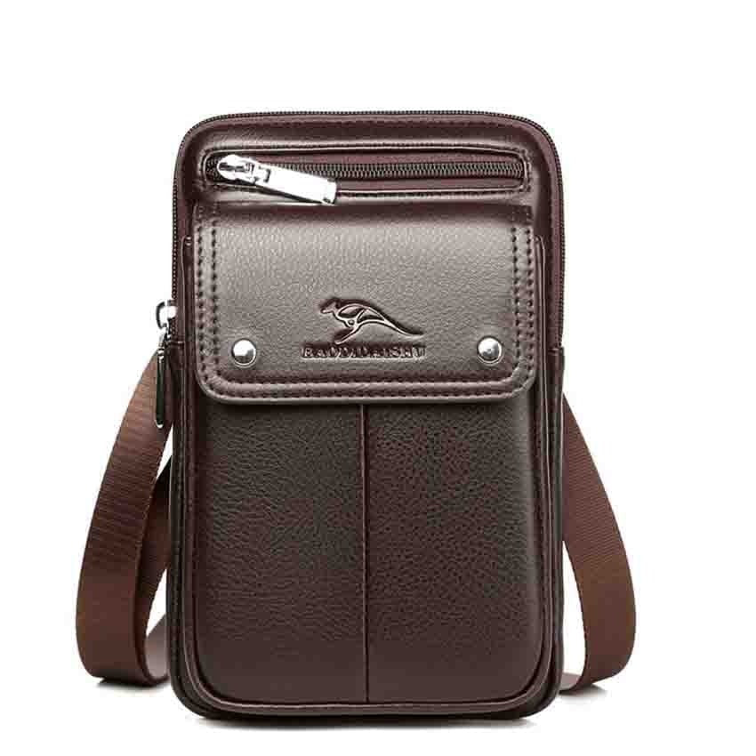 Stylish men's vertical shoulder bag, compact design with secure zipper and front organizer pocket.