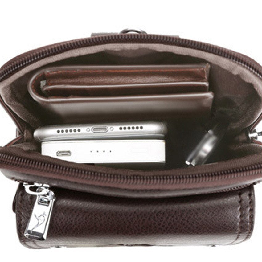 Compact men's vertical crossbody bag featuring multiple pockets, secure zipper, and adjustable strap.